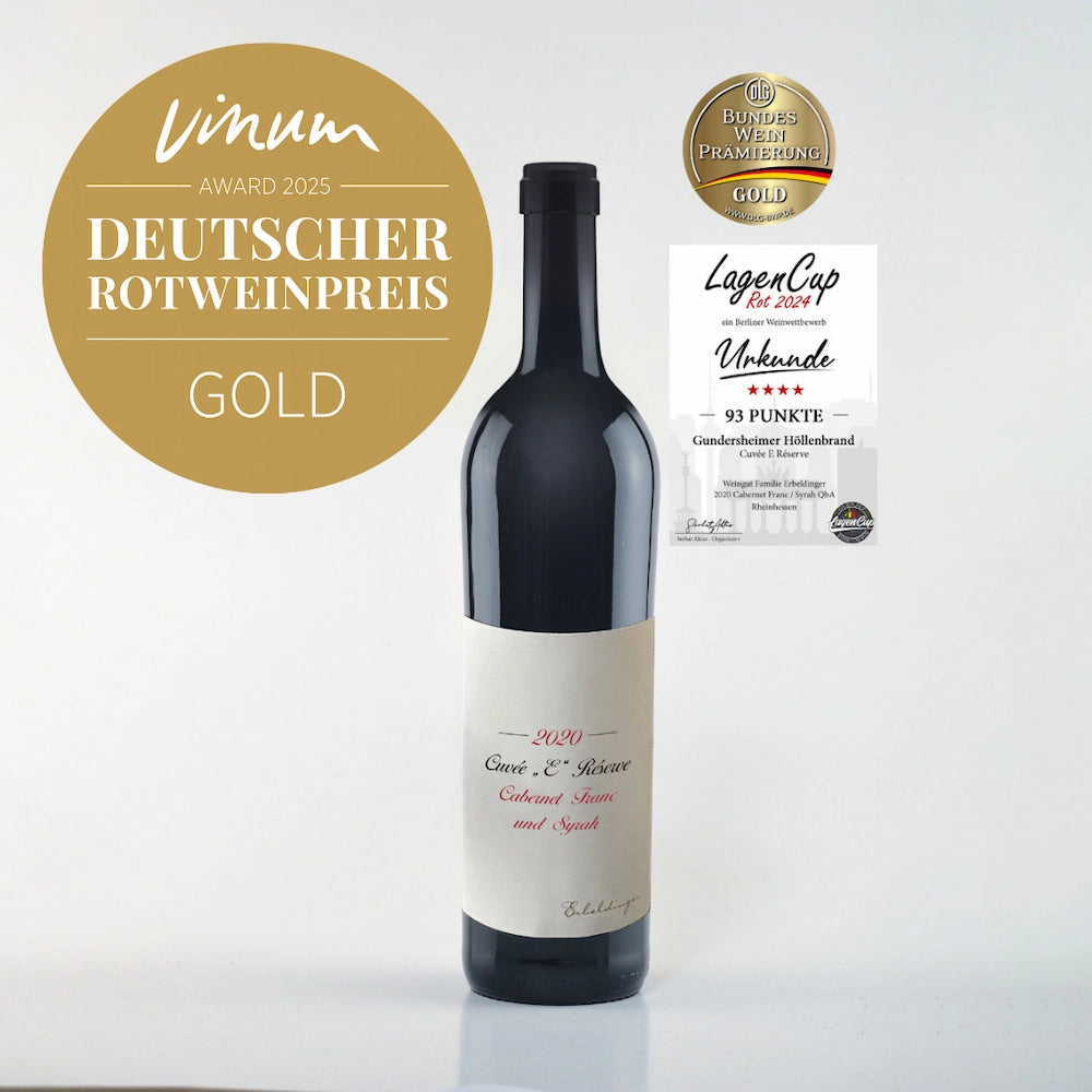 Cuvee E Reserve Rotwein trocken Weingut Familie Erbeldinger mit Gold