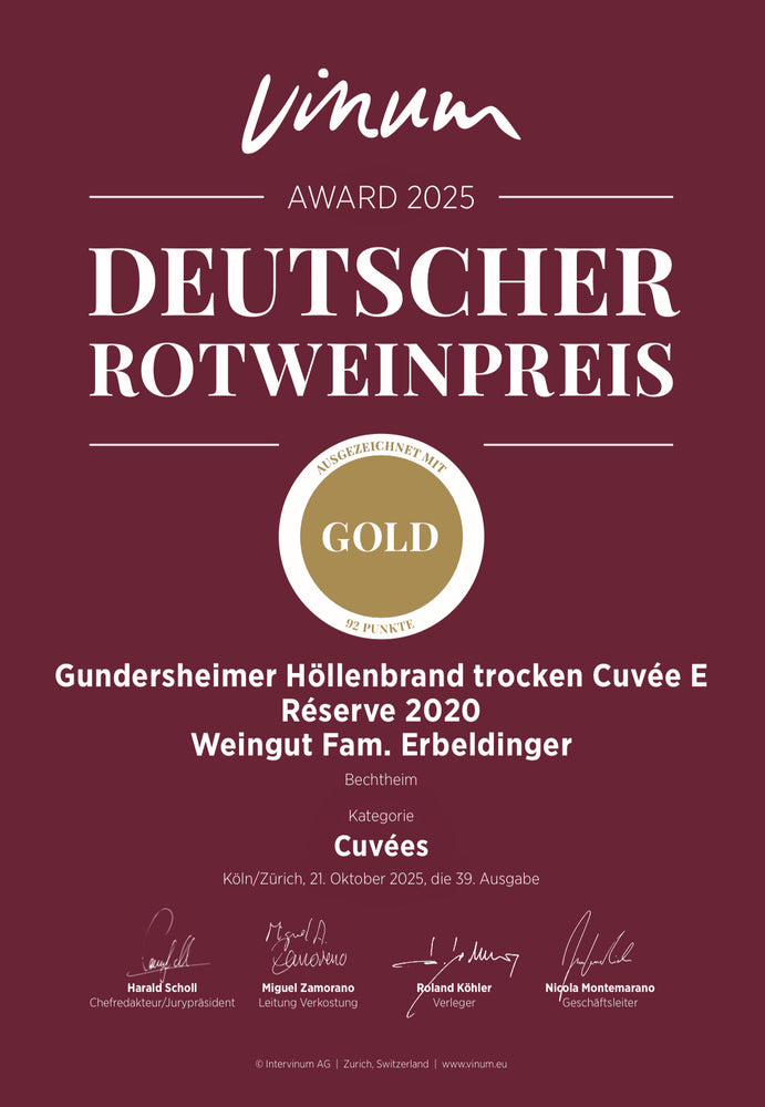 
                  
                    2020 Cuvée E Réserve Rotwein trocken - Cabernet Franc & Syrah. Internationale Topliga.
                  
                