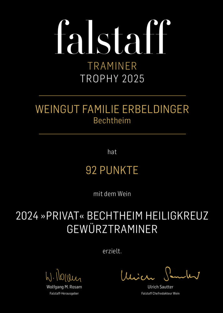 
                  
                    2024 Bechtheimer Heiligkreuz Gewürztraminer privat (Bio) - der Aromenintensive.
                  
                