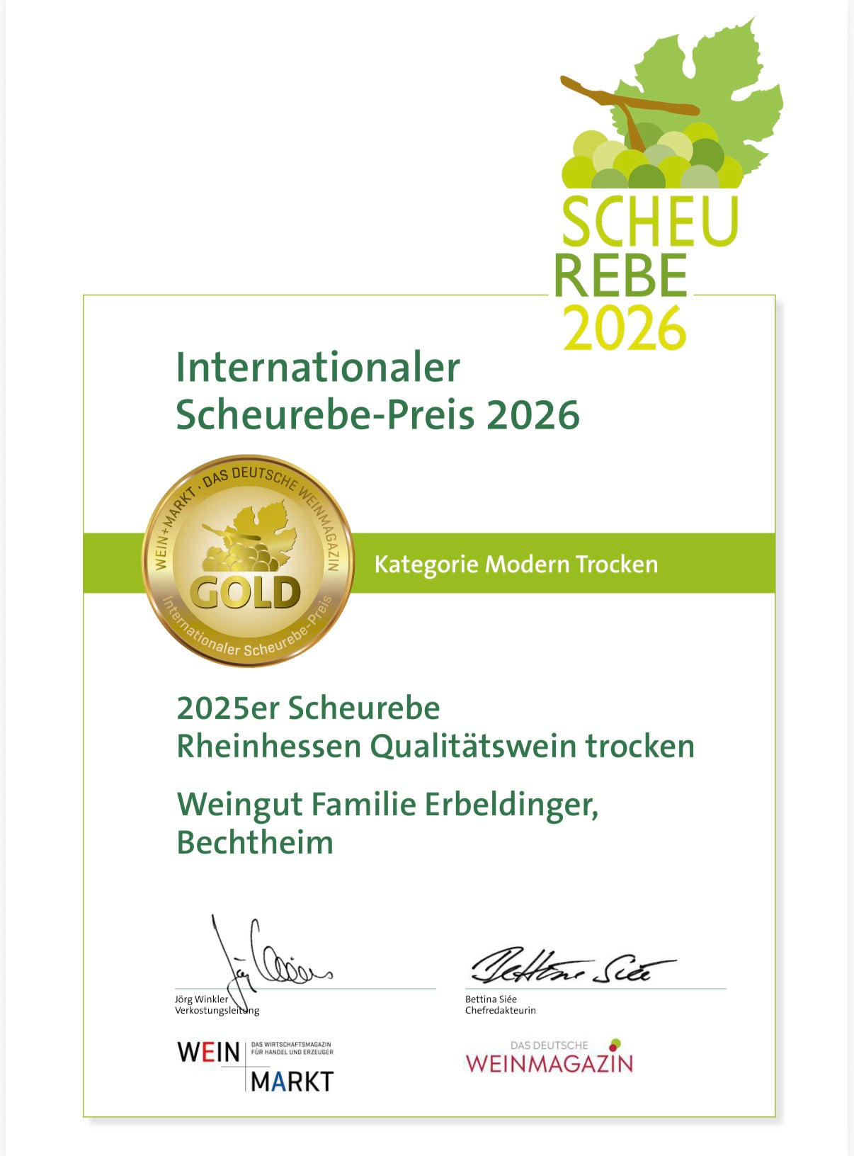 Gold Scheurebe Preis 2026 Weingut Familie Erbeldinger