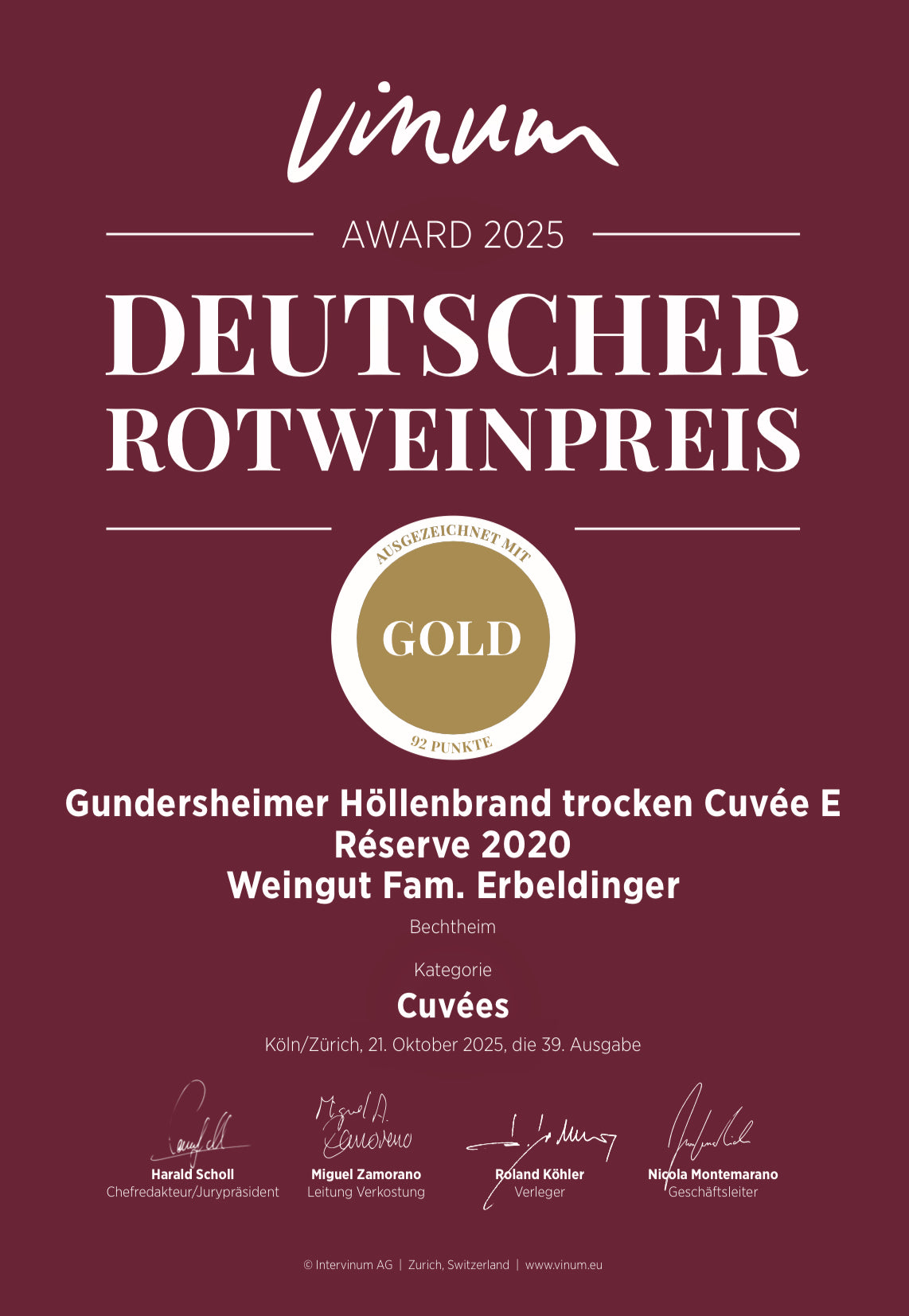 
                  
                    Vinum Urkunde Rotweinpreis 2025
                  
                